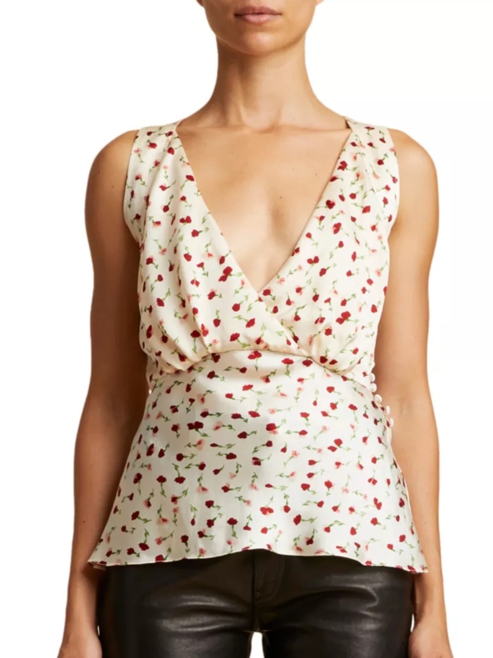 KHAITE Cream Floral Wrap V-Neck Sleeveless Top with Red Cherry Print